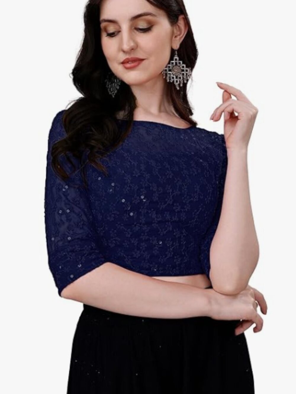 Navy Blue Saree Blouse Embroidered Net Sequined Readymade Crop Top Choli Size M